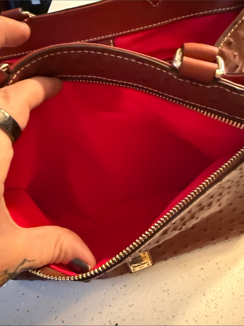 Dooney & Bourke Brown Ostrich-Texture Leather Satchel with Removable Strap - Picture 3 of 10